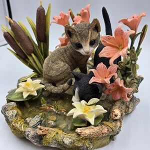 2001 Lenox Figurine Afternoon Amazement Kittens Cats Flowers Koi Pond Rare Read